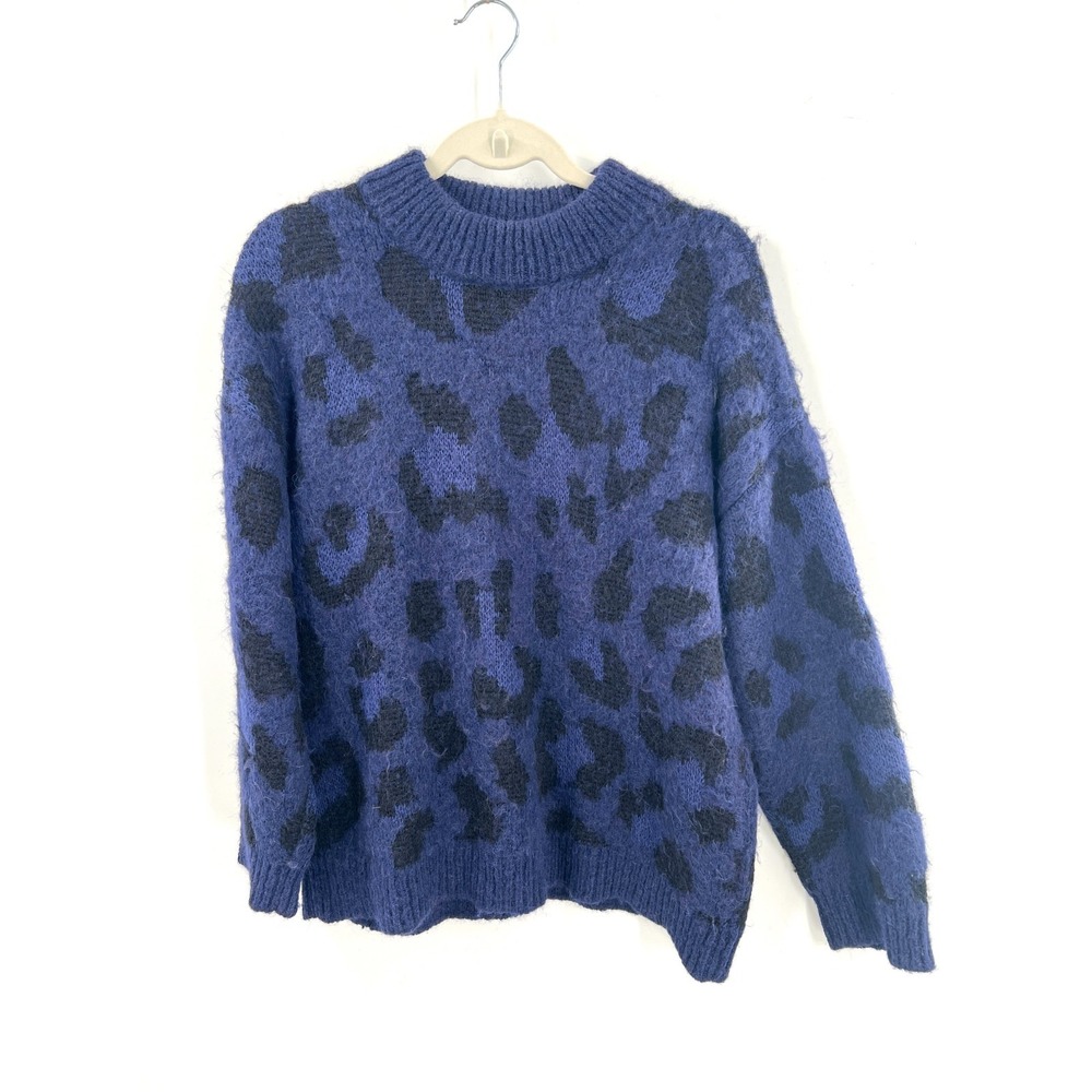 Kate Spade chunky knit Alpaca Wool Blend Blue Leopard animal Print Sweater‎ L
